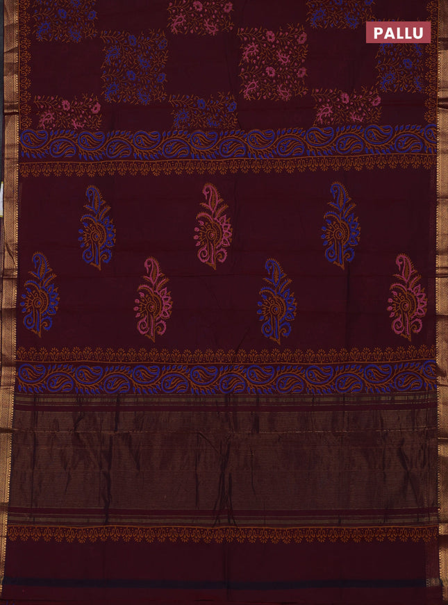 Mangalagiri cotton block printed saree maroon with allover prints and mangalgiri border