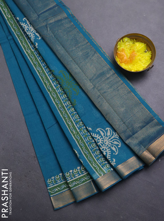 Mangalagiri cotton block printed saree peacock green with allover butta prints and mangalgiri border
