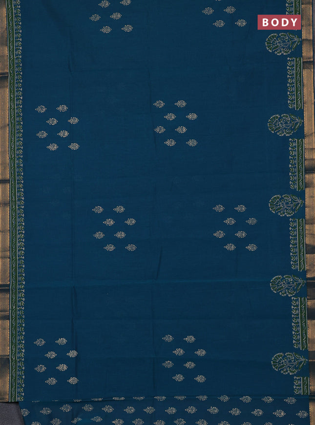 Mangalagiri cotton block printed saree peacock green with allover butta prints and mangalgiri border