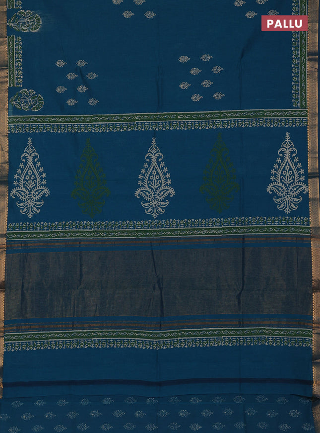 Mangalagiri cotton block printed saree peacock green with allover butta prints and mangalgiri border