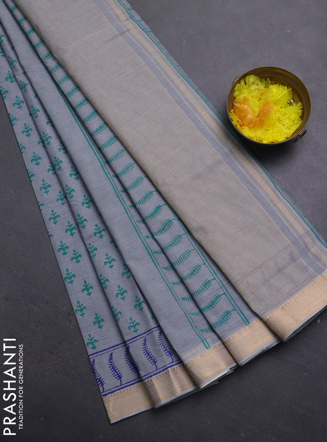 Mangalagiri cotton block printed saree grey with allover butta prints and mangalgiri border