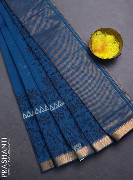 Mangalagiri cotton block printed saree cs blue with warli butta prints and mangalgiri border