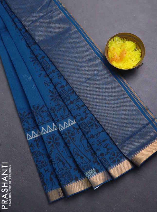 Mangalagiri cotton block printed saree cs blue with warli butta prints and mangalgiri border