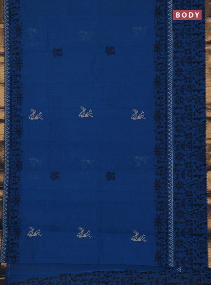 Mangalagiri cotton block printed saree cs blue with warli butta prints and mangalgiri border