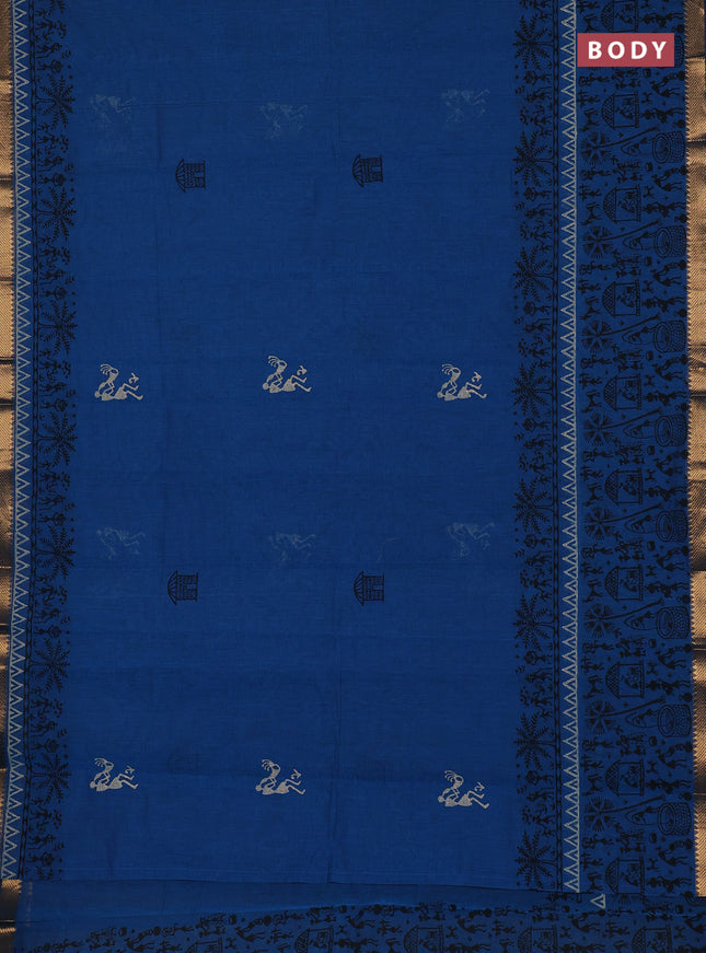 Mangalagiri cotton block printed saree cs blue with warli butta prints and mangalgiri border