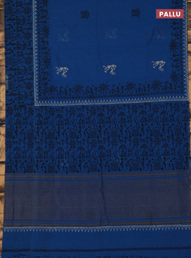 Mangalagiri cotton block printed saree cs blue with warli butta prints and mangalgiri border