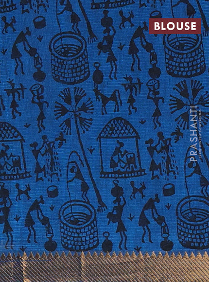 Mangalagiri cotton block printed saree cs blue with warli butta prints and mangalgiri border
