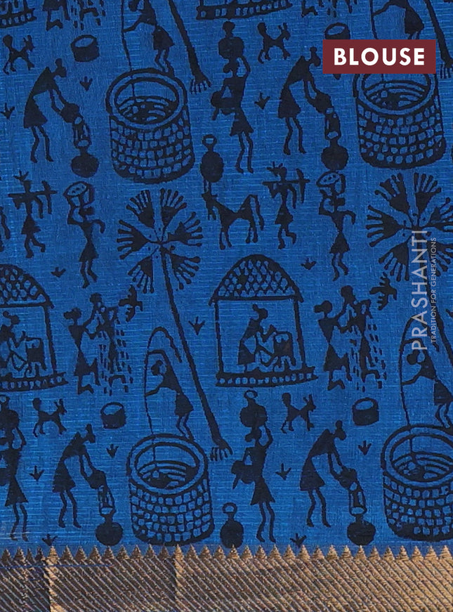 Mangalagiri cotton block printed saree cs blue with warli butta prints and mangalgiri border