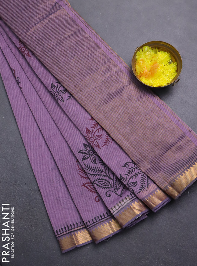Mangalagiri cotton block printed saree pastel purple with butta prints and mangalgiri border