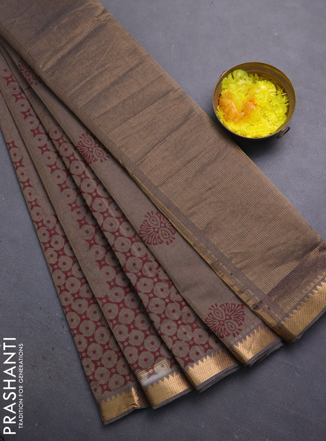 Mangalagiri cotton block printed saree pastel brown with butta prints and mangalgiri border