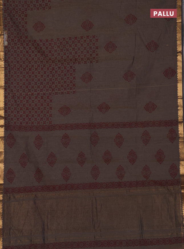Mangalagiri cotton block printed saree pastel brown with butta prints and mangalgiri border