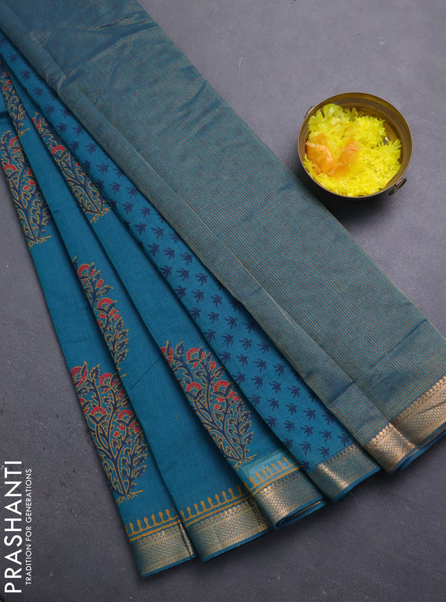 Mangalagiri cotton block printed saree peacock green with butta prints and mangalgiri border
