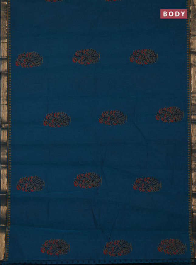 Mangalagiri cotton block printed saree peacock green with butta prints and mangalgiri border