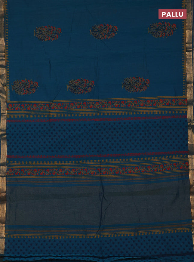 Mangalagiri cotton block printed saree peacock green with butta prints and mangalgiri border