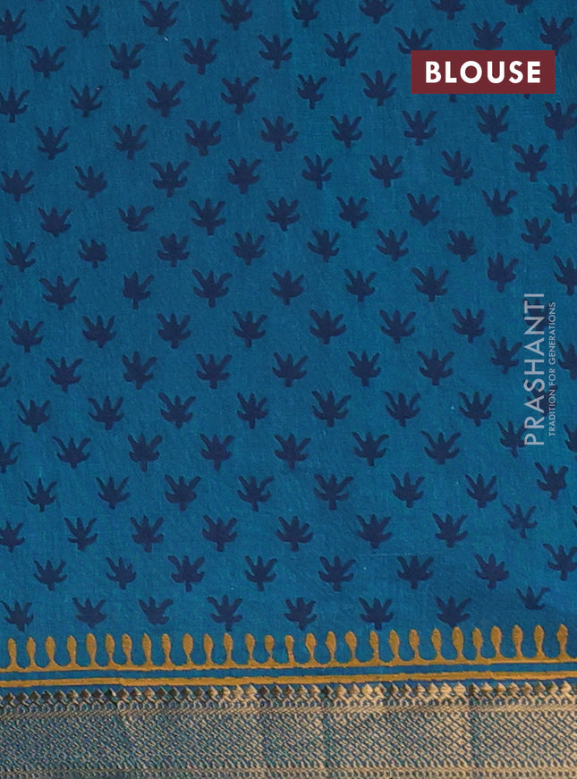Mangalagiri cotton block printed saree peacock green with butta prints and mangalgiri border