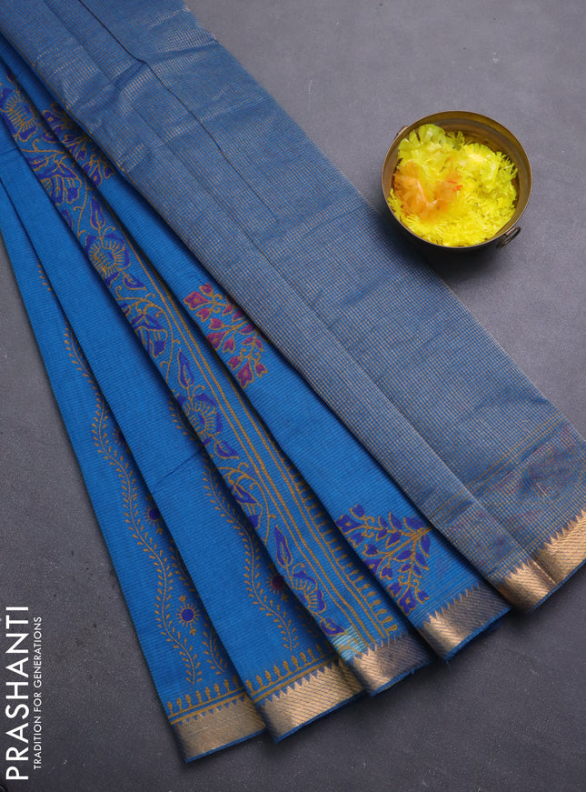 Mangalagiri cotton block printed saree cs blue with allover prints and mangalgiri border