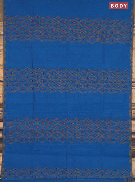 Mangalagiri cotton block printed saree cs blue with allover prints and mangalgiri border