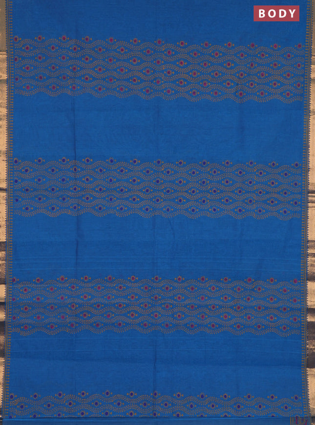 Mangalagiri cotton block printed saree cs blue with allover prints and mangalgiri border