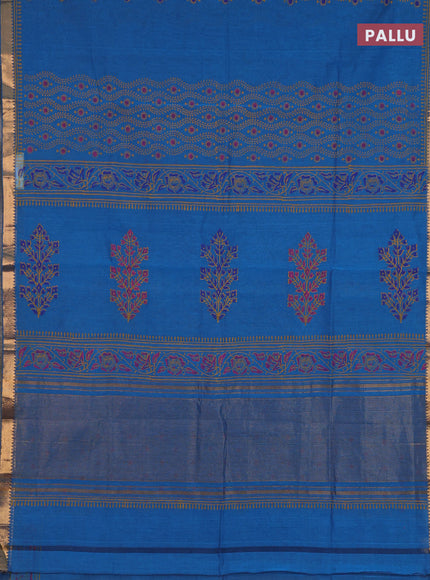 Mangalagiri cotton block printed saree cs blue with allover prints and mangalgiri border