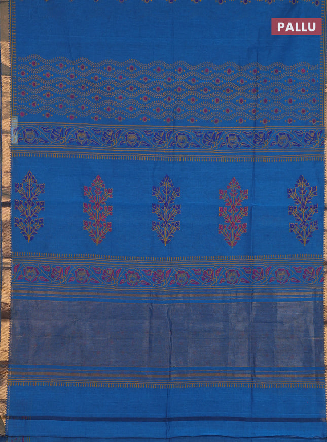 Mangalagiri cotton block printed saree cs blue with allover prints and mangalgiri border