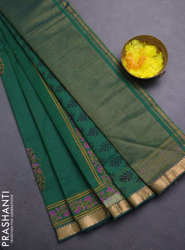 Mangalagiri cotton block printed saree green with floral butta prints and mangalgiri border