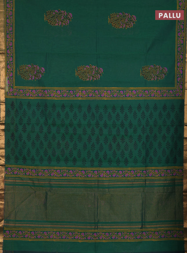 Mangalagiri cotton block printed saree green with floral butta prints and mangalgiri border