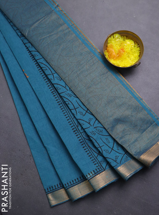 Mangalagiri cotton block printed saree peacock blue with butta prints and mangalgiri border