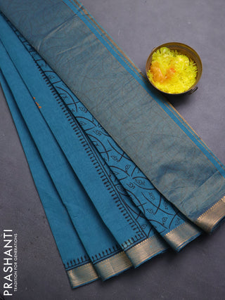 Mangalagiri cotton block printed saree peacock blue with butta prints and mangalgiri border