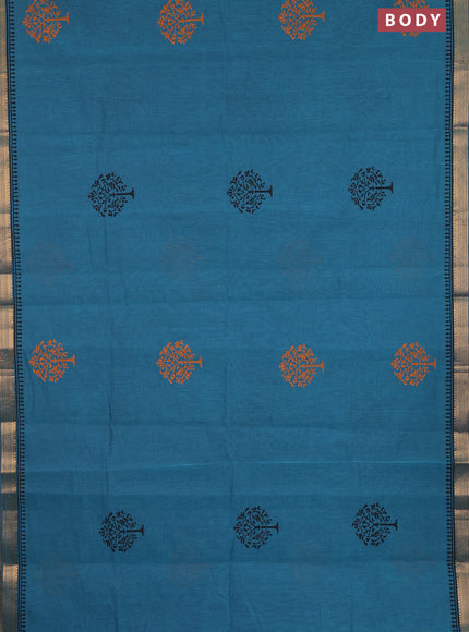 Mangalagiri cotton block printed saree peacock blue with butta prints and mangalgiri border