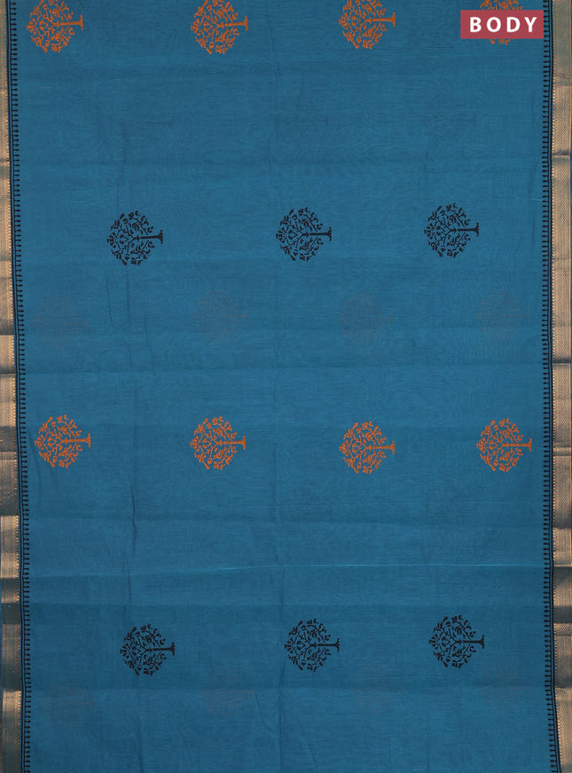 Mangalagiri cotton block printed saree peacock blue with butta prints and mangalgiri border