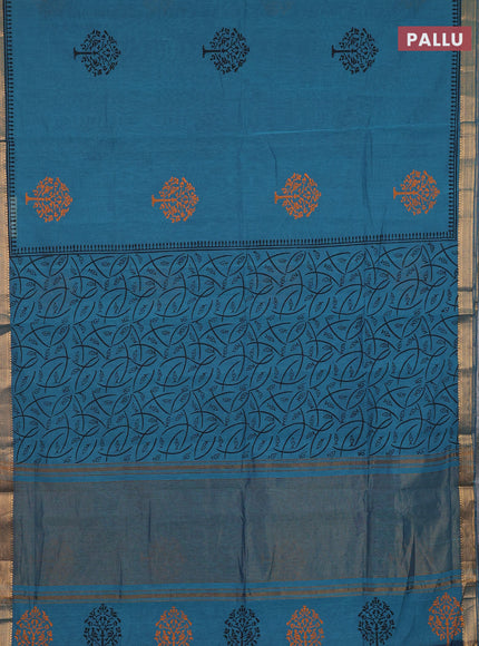 Mangalagiri cotton block printed saree peacock blue with butta prints and mangalgiri border