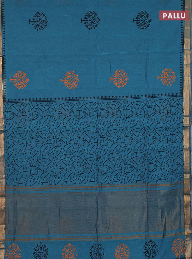 Mangalagiri cotton block printed saree peacock blue with butta prints and mangalgiri border