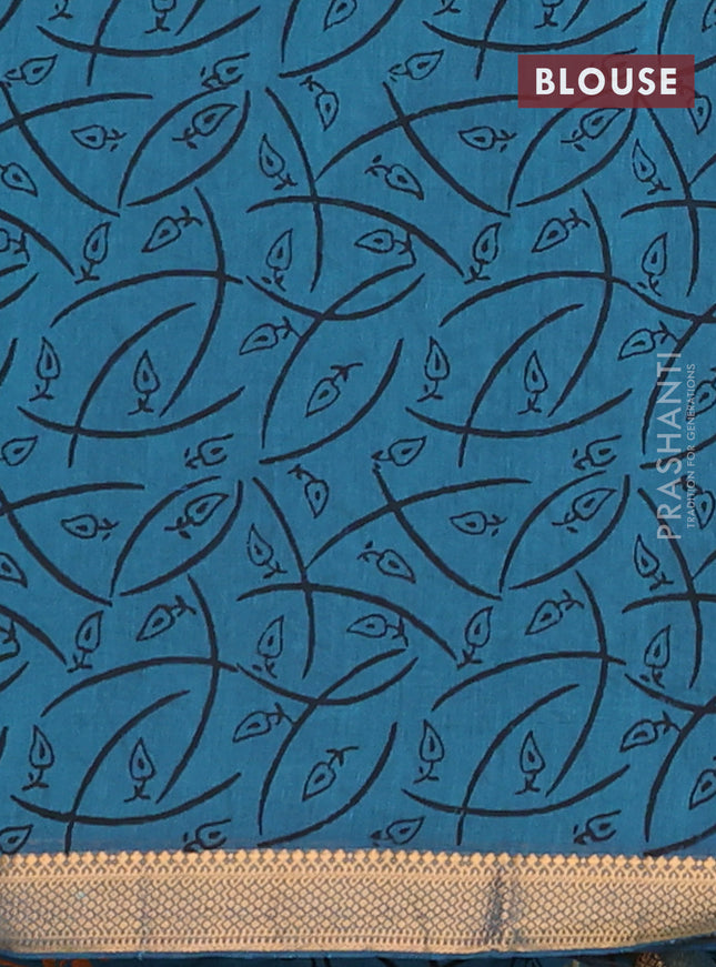Mangalagiri cotton block printed saree peacock blue with butta prints and mangalgiri border