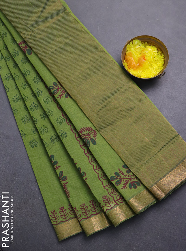 Mangalagiri cotton block printed saree mehendi green with allover butta prints and mangalgiri border