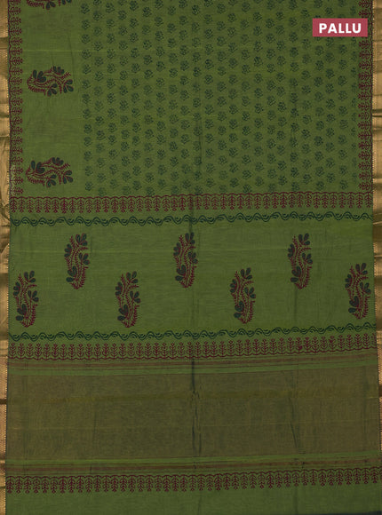 Mangalagiri cotton block printed saree mehendi green with allover butta prints and mangalgiri border