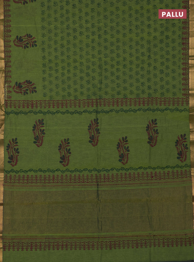 Mangalagiri cotton block printed saree mehendi green with allover butta prints and mangalgiri border