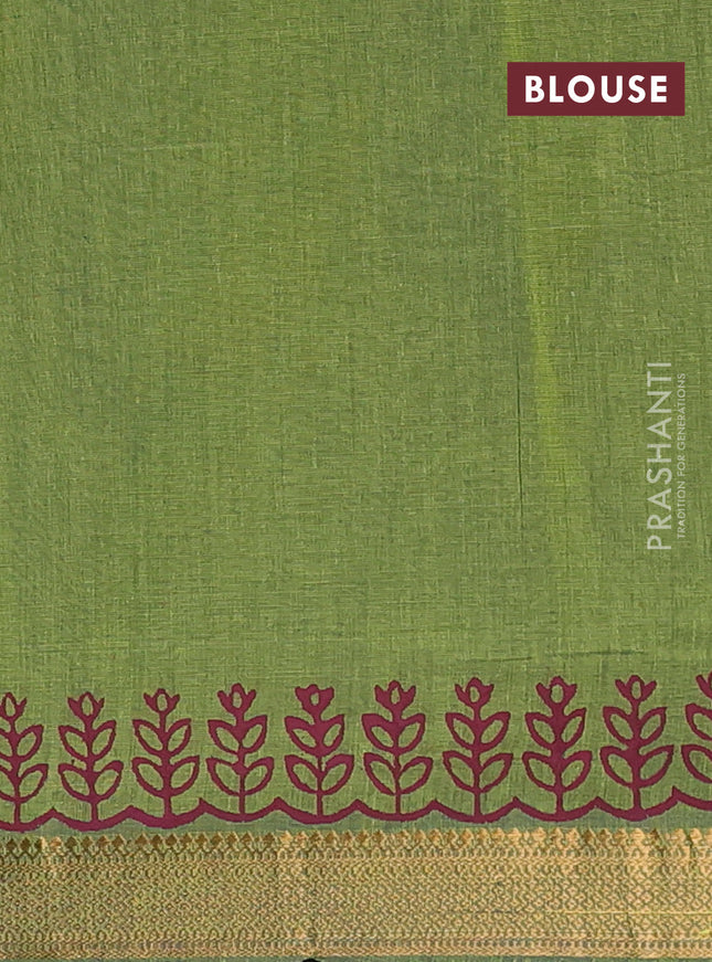 Mangalagiri cotton block printed saree mehendi green with allover butta prints and mangalgiri border