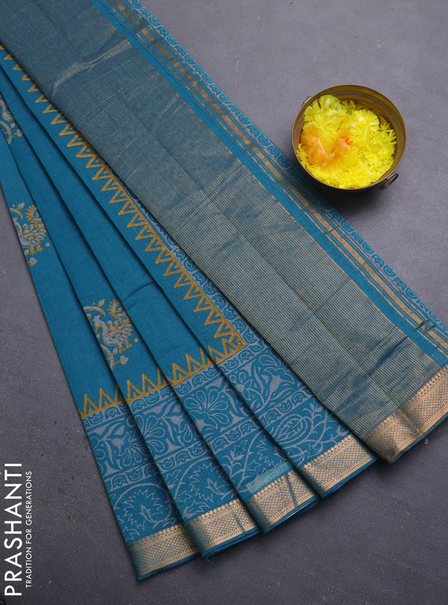 Mangalagiri cotton block printed saree peacock green with butta prints and mangalgiri border