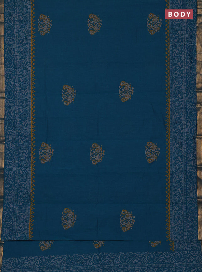 Mangalagiri cotton block printed saree peacock green with butta prints and mangalgiri border