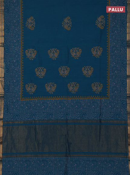 Mangalagiri cotton block printed saree peacock green with butta prints and mangalgiri border