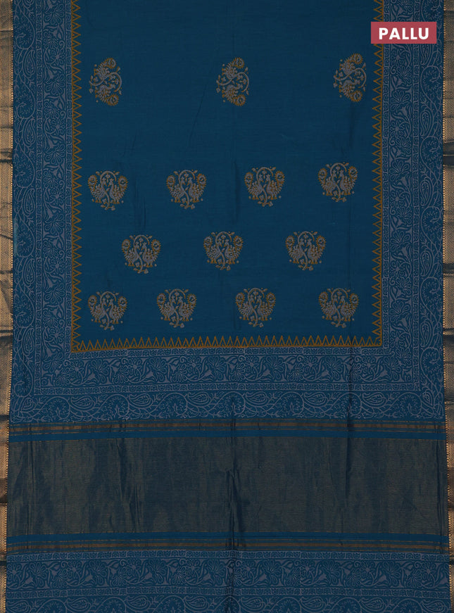 Mangalagiri cotton block printed saree peacock green with butta prints and mangalgiri border