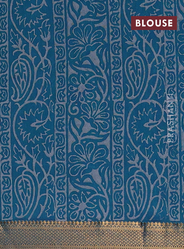 Mangalagiri cotton block printed saree peacock green with butta prints and mangalgiri border