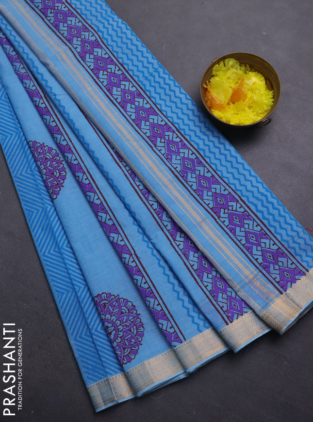 Mangalagiri cotton block printed saree light blue with butta prints and mangalgiri border