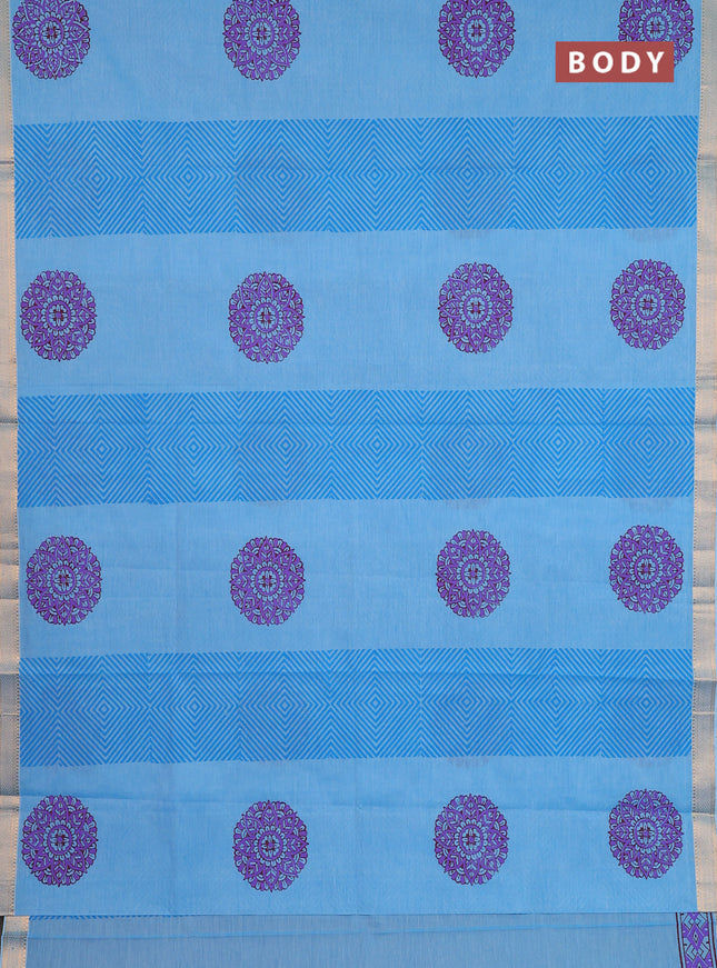 Mangalagiri cotton block printed saree light blue with butta prints and mangalgiri border