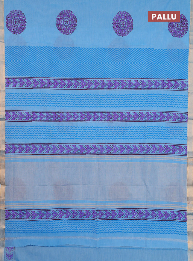 Mangalagiri cotton block printed saree light blue with butta prints and mangalgiri border