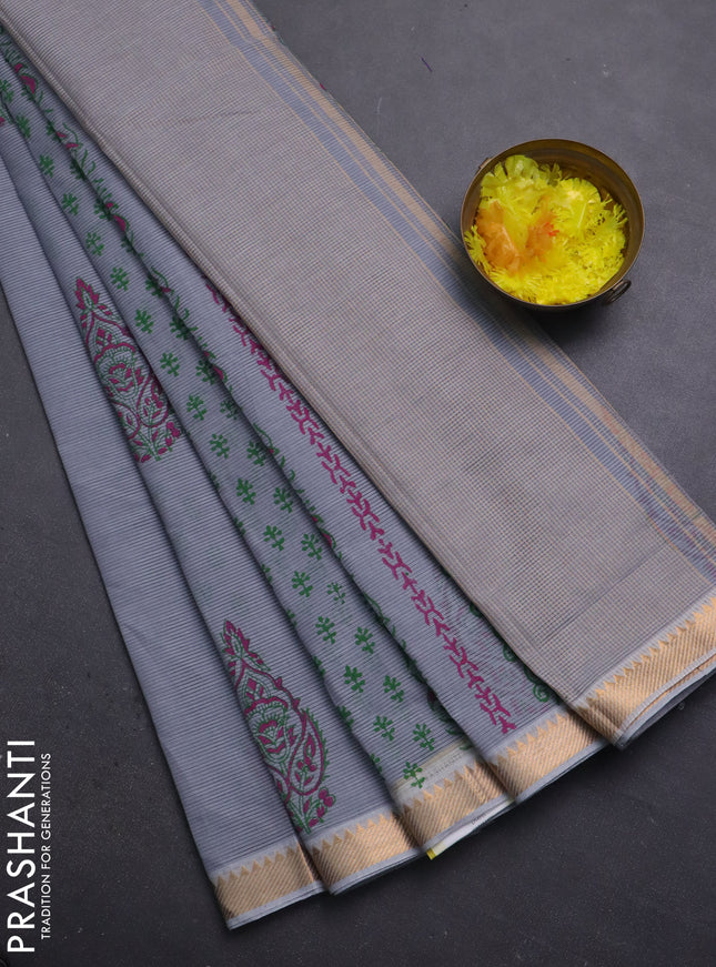 Mangalagiri cotton block printed saree pastel grey with allover butta prints and mangalgiri border