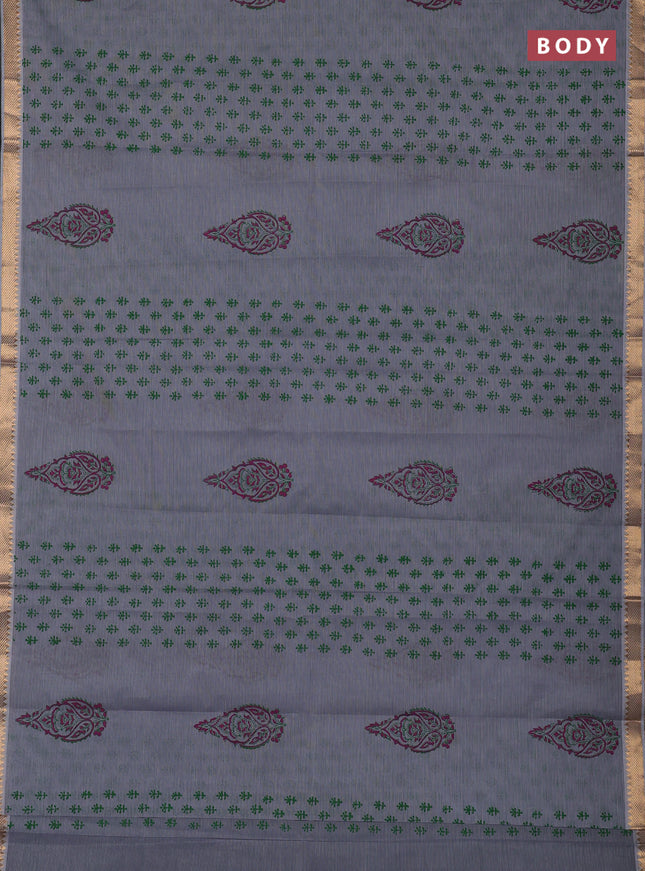 Mangalagiri cotton block printed saree pastel grey with allover butta prints and mangalgiri border