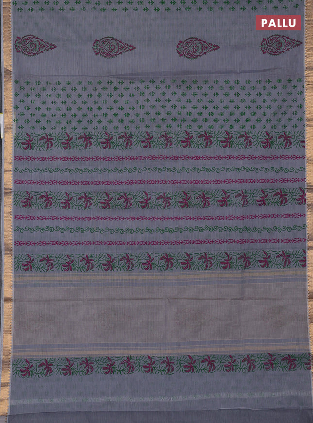 Mangalagiri cotton block printed saree pastel grey with allover butta prints and mangalgiri border