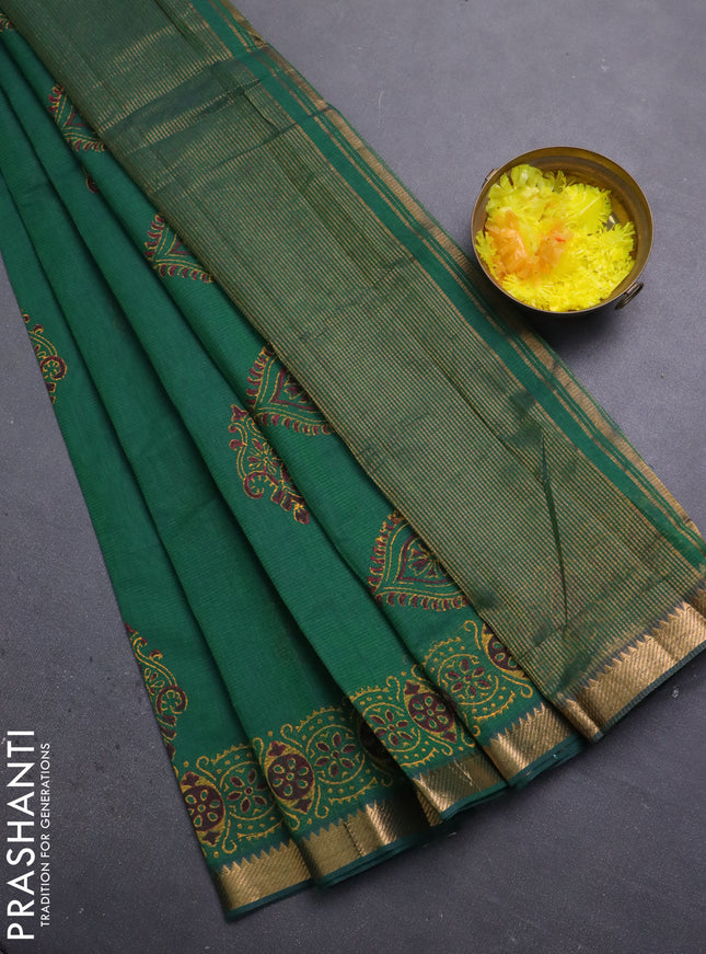 Mangalagiri cotton block printed saree green with butta prints and mangalgiri border