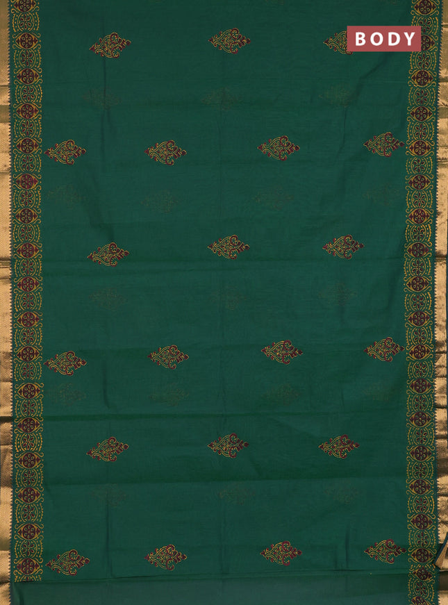 Mangalagiri cotton block printed saree green with butta prints and mangalgiri border